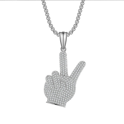 White Gold Iced Out Victory Hand Pendant Tripodjewelry