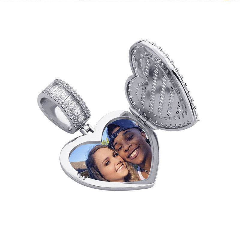 White Gold Iced Out Custom Photo Heart Pendant Necklace Tripodjewelry