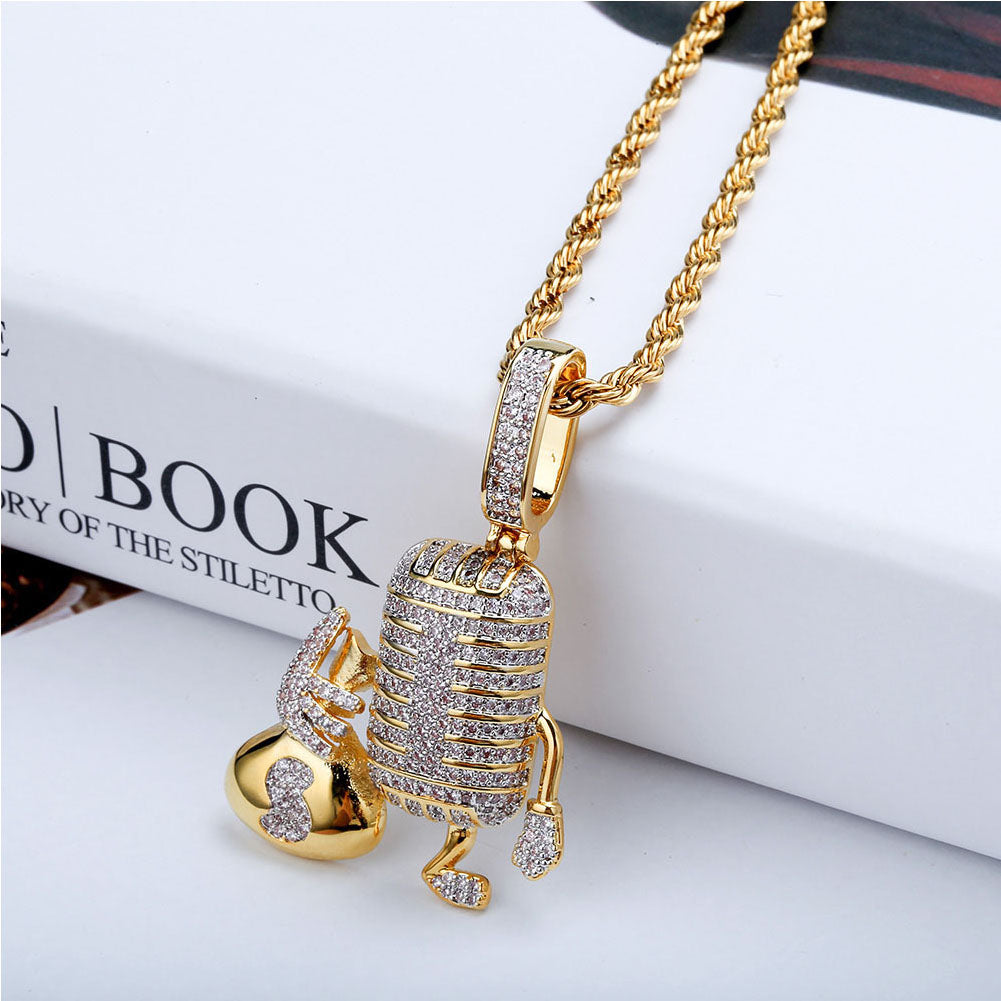 14K Gold Iced Microphone Pendant Tripodjewelry