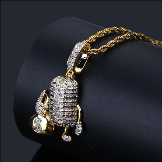 14K Gold Iced Microphone Pendant Tripodjewelry