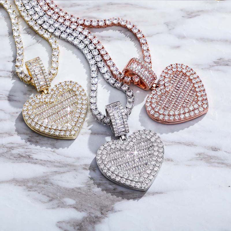 White Gold Iced Out Custom Photo Heart Pendant Necklace Tripodjewelry