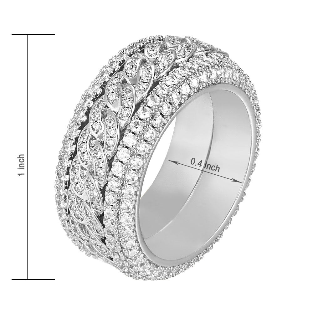 White Gold Iced Both Sides Cuban Link Ring Tripodjewelry