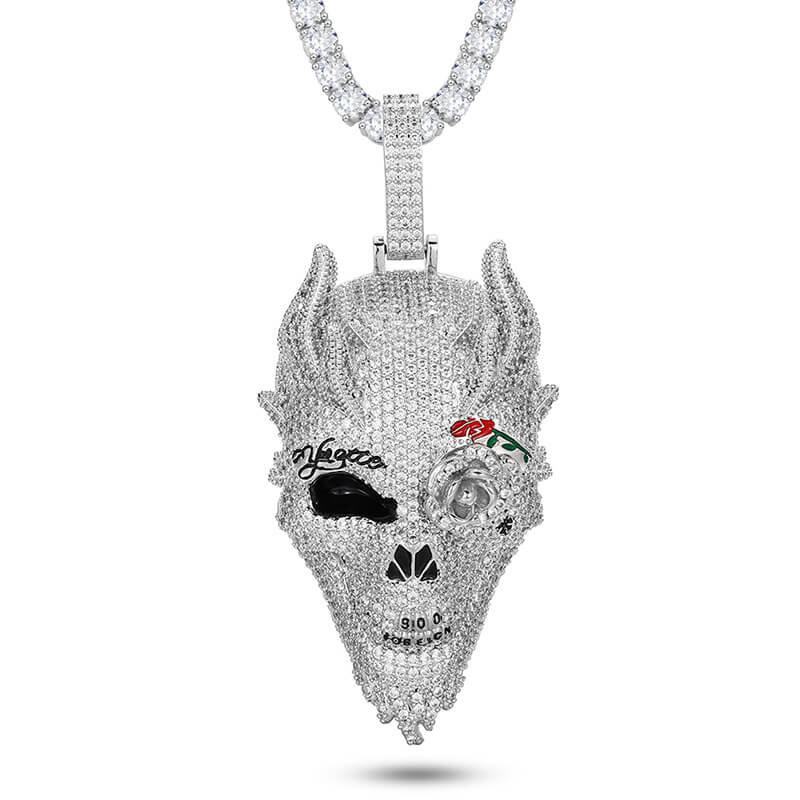 White Gold Iced Out Diamond Rose Skull Pendant Necklace