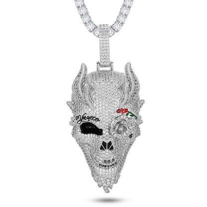 White Gold Iced Out Diamond Rose Skull Pendant Necklace