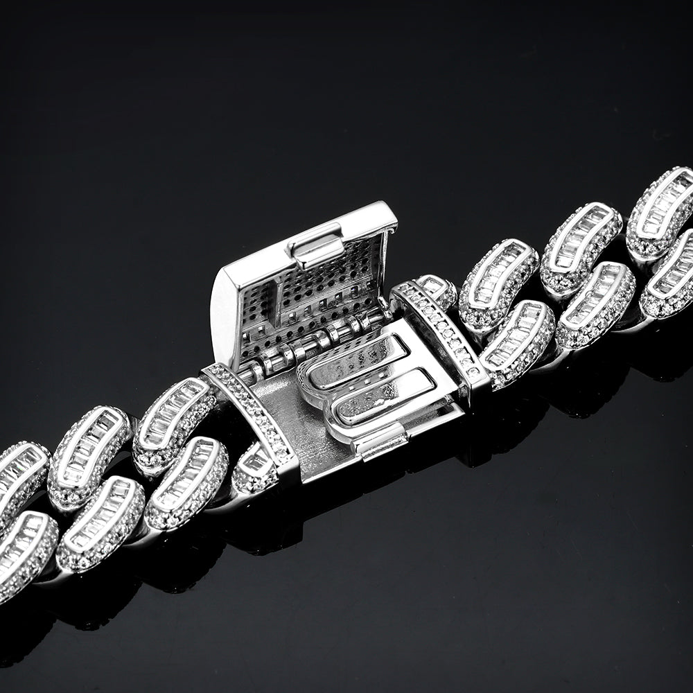 18MM White Gold Plated Iced Out Baguette Cuban Link Chain Necklace