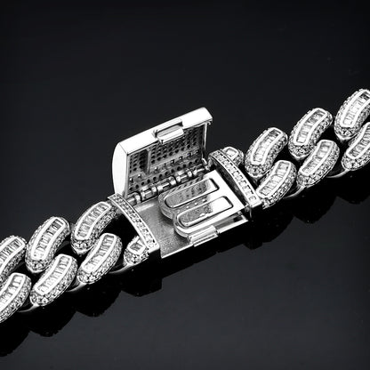 18MM White Gold Plated Iced Out Baguette Cuban Link Chain Necklace