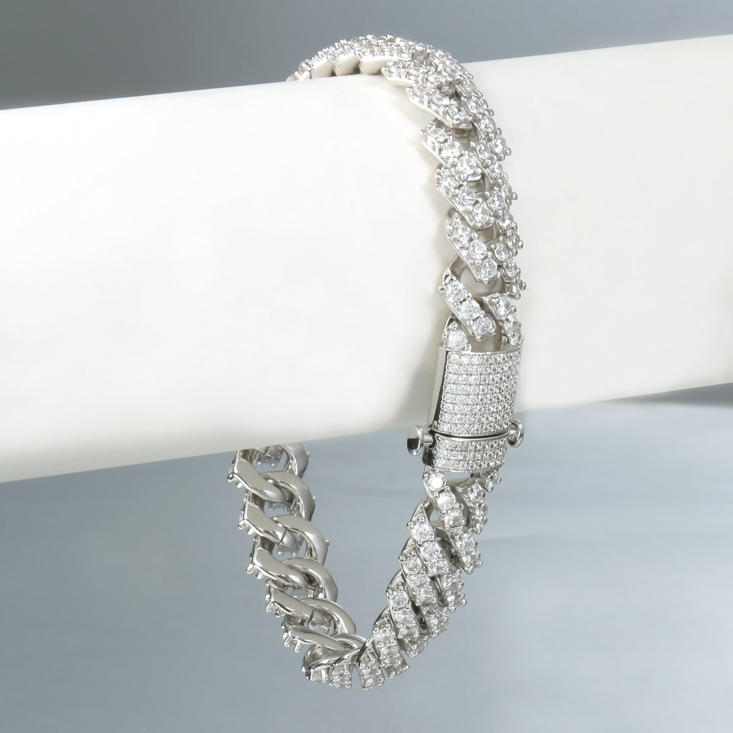 9MM White Gold Plated Diamond Prong S Link Cuban Link Bracelet