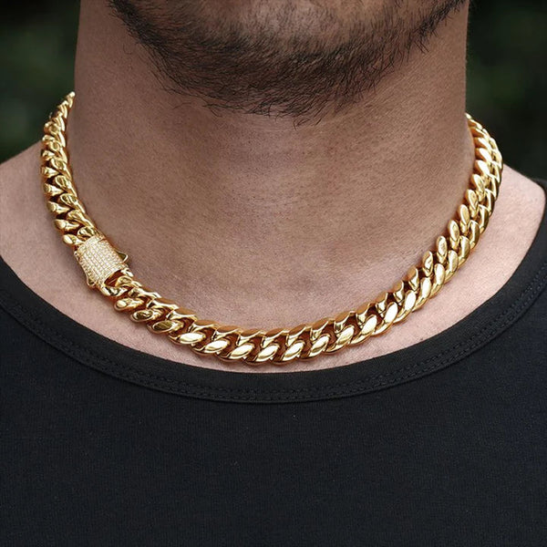 12MM 14K Gold Plated Iced Out Clasp Miami Cuban Link Chain