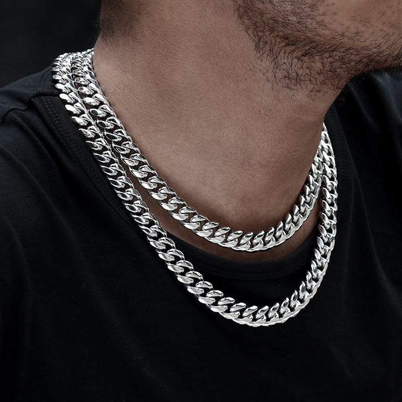 12MM White Gold Plated Miami Cuban Link Chain And Bracelet Set