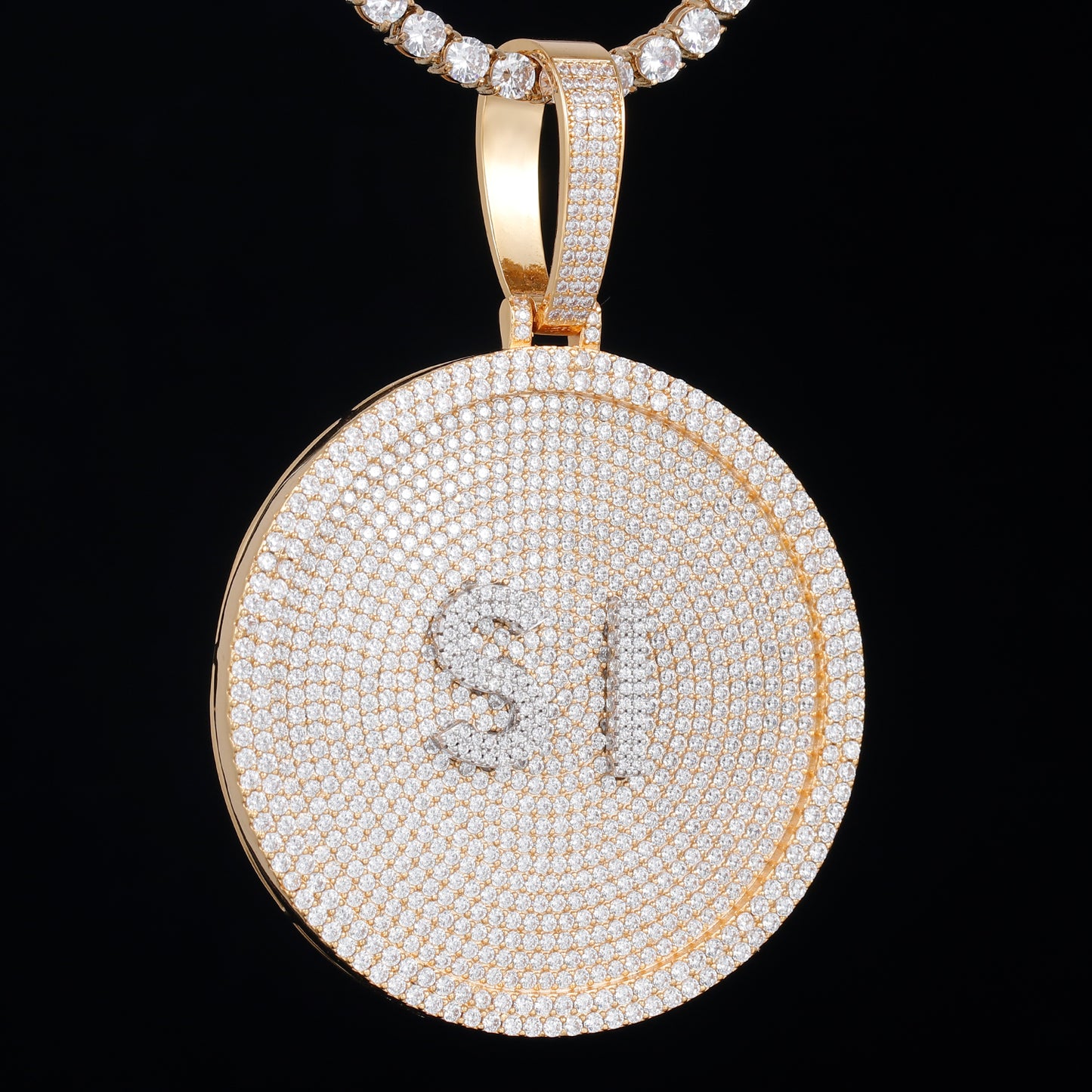 14K Gold Disc Pendant Set With Diamonds - Customised Small Letters
