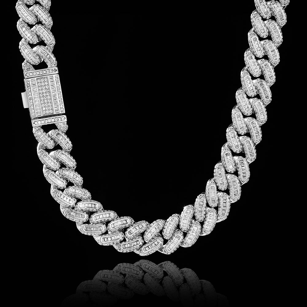 18MM White Gold Plated Iced Out Baguette Cuban Link Chain Necklace