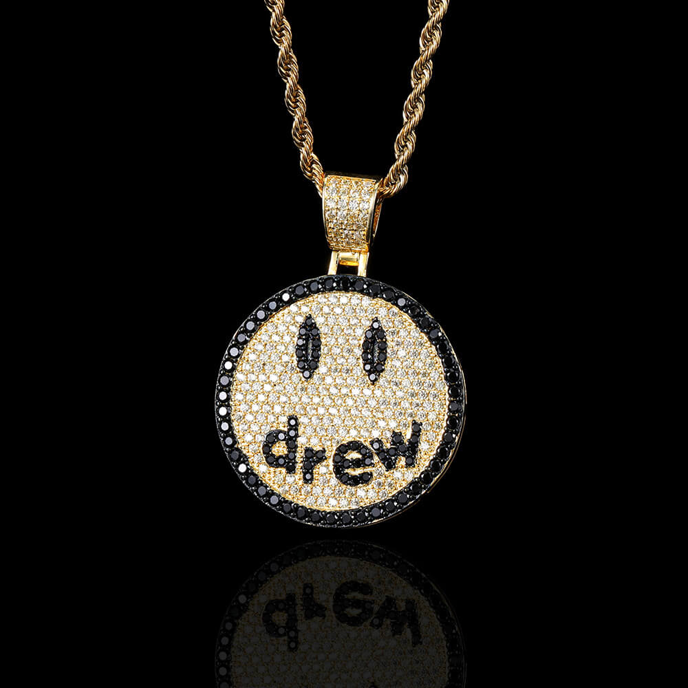 Gold/White Gold Iced Smiley Pendant Necklace Tripodjewelry