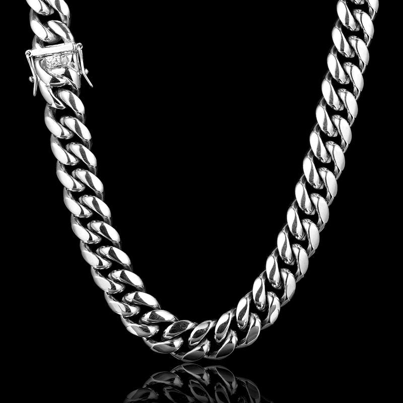 14MM White Gold Plated Miami Cuban Link Chain Necklace