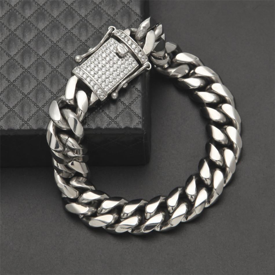8MM White Gold Plated Stainless Steel Iced Out Miami Cuban Link Bracelet