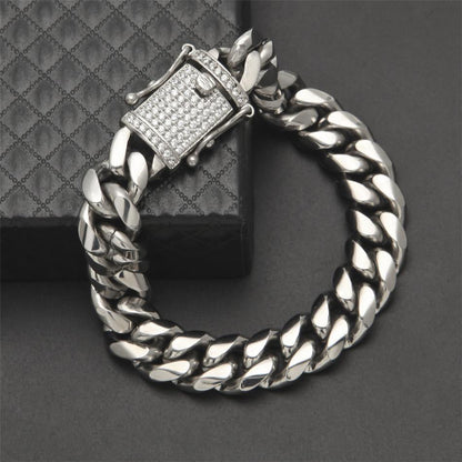 14MM White Gold Plated Stainless Steel Iced Out Miami Cuban Link Bracelet Tripodjewelry