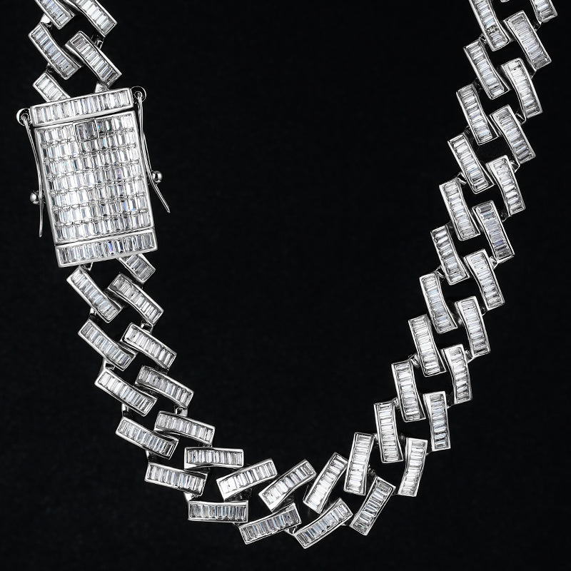 19MM White Gold Plated Iced Out Baguette Cuban Link Chain Necklace