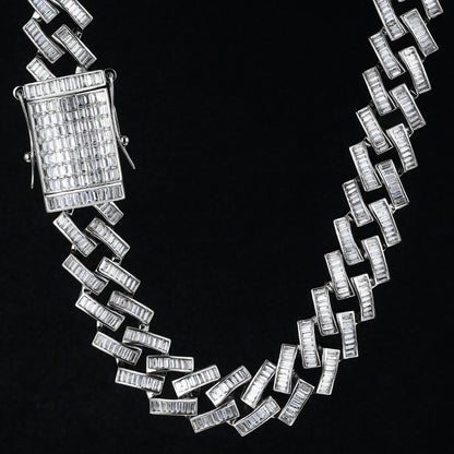 19MM White Gold Plated Iced Out Baguette Cuban Link Chain Necklace