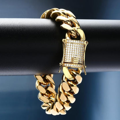 18K Gold Plated Solid Stainless Steel Iced Out Miami Cuban Link Bracelet For Men