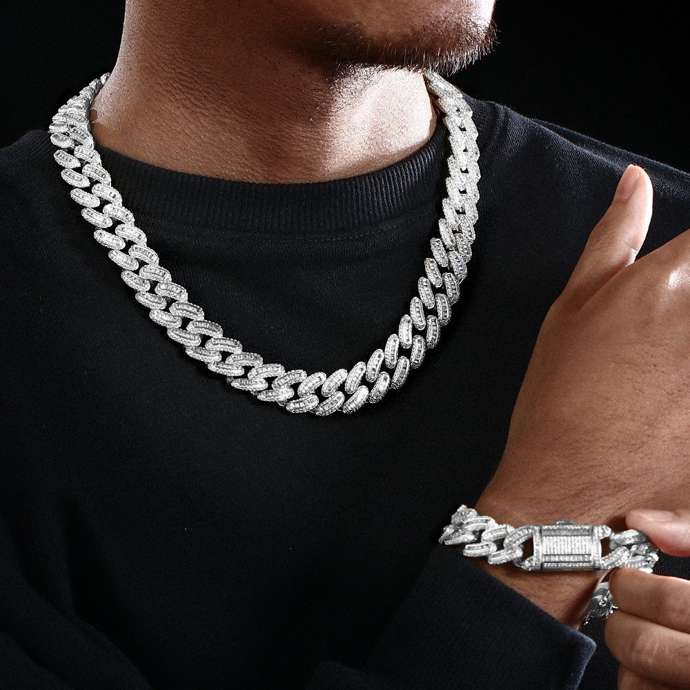 18MM White Gold Plated Iced Out Baguette Cuban Link Chain Necklace