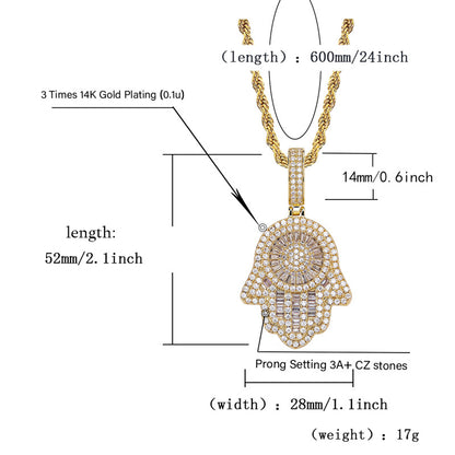 18K Gold Baguette Iced Out Hamsa Hand Pendant