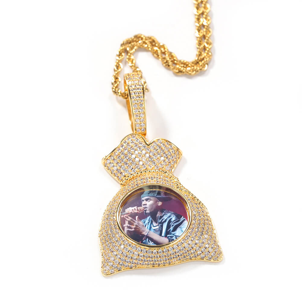 Iced Money Bag Custom Photo Pendant Necklace For Men Tripodjewelry