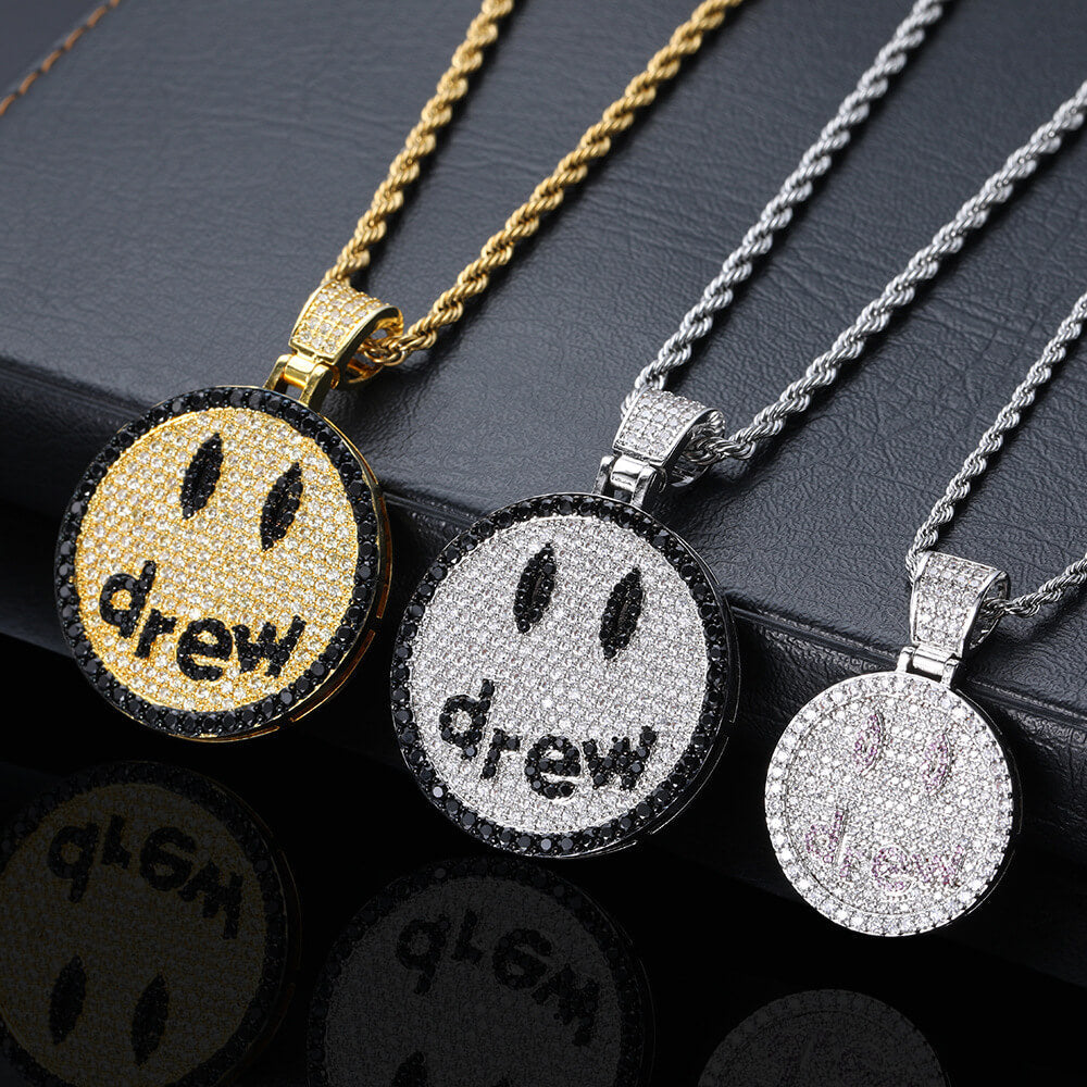 Gold/White Gold Iced Smiley Pendant Necklace Tripodjewelry