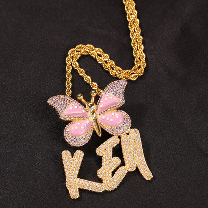 Iced Butterfly Custom Letter Pendant For Men & Women Tennis Necklace
