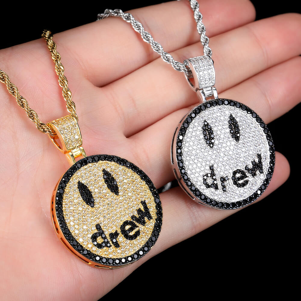 Gold/White Gold Iced Smiley Pendant Necklace Tripodjewelry