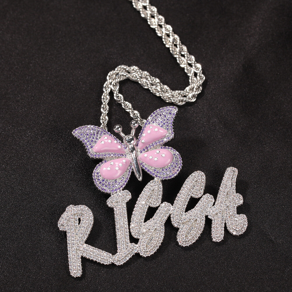 Iced Butterfly Custom Letter Pendant For Men & Women Tennis Necklace