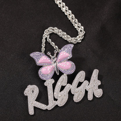 Iced Butterfly Custom Letter Pendant For Men & Women Tennis Necklace