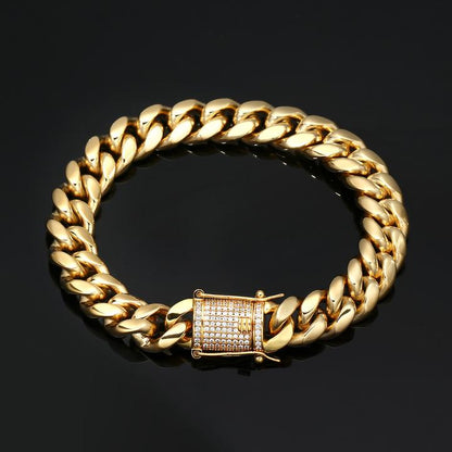 18K Gold Plated Solid Stainless Steel Iced Out Miami Cuban Link Bracelet For Men