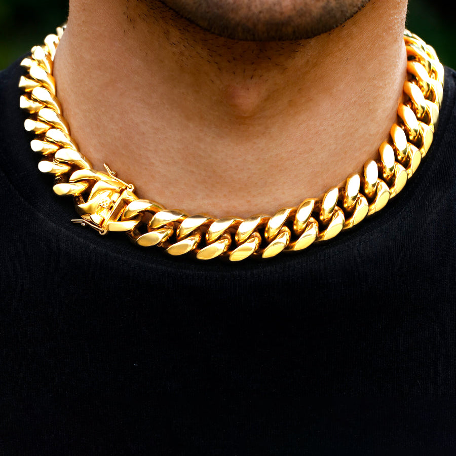 Real 18K Gold Plated Men's Miami Cuban Link Chain Necklace Stainless Steel