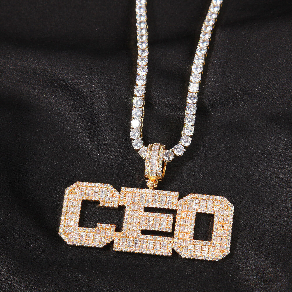 Custom Baguette Cut Name Pendant Diamond Necklace 14K Gold Plated