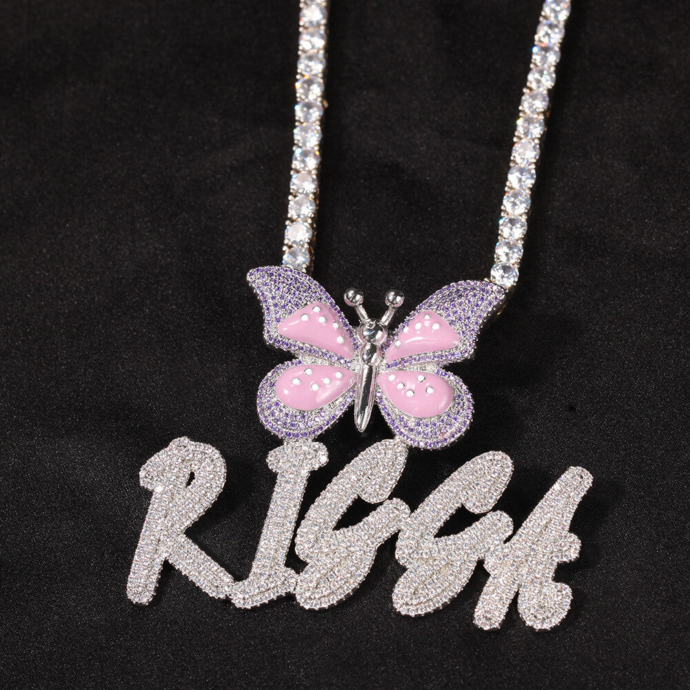 Iced Butterfly Custom Letter Pendant For Men & Women Tennis Necklace