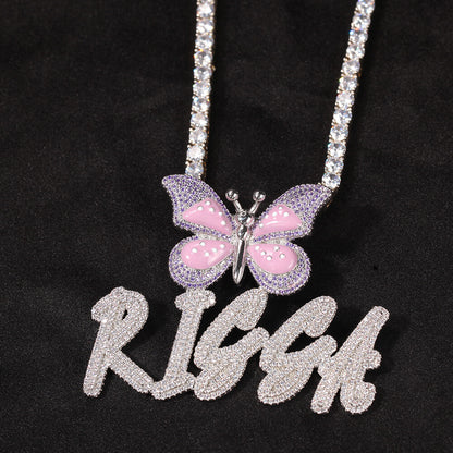Iced Butterfly Custom Letter Pendant For Men & Women Tennis Necklace