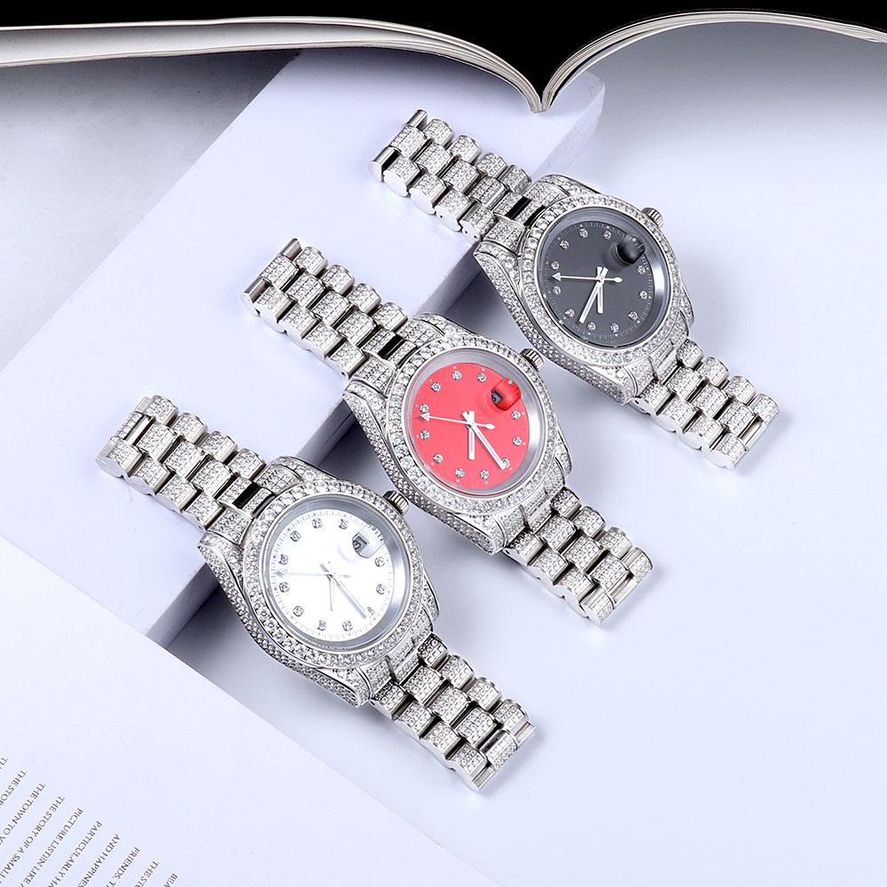 White Gold Plated Red Dial Stainless Steel Diamond Watch - Tripodjewelry
