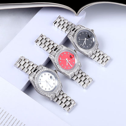 White Gold Plated Red Dial Stainless Steel Diamond Watch - Tripodjewelry