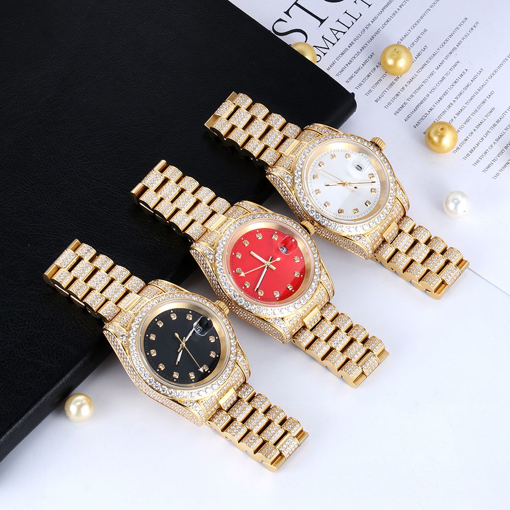 18K Gold Plated Black Dial Stainless Steel Iced Out Watch