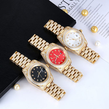 18K Gold Plated Black Dial Stainless Steel Iced Out Watch