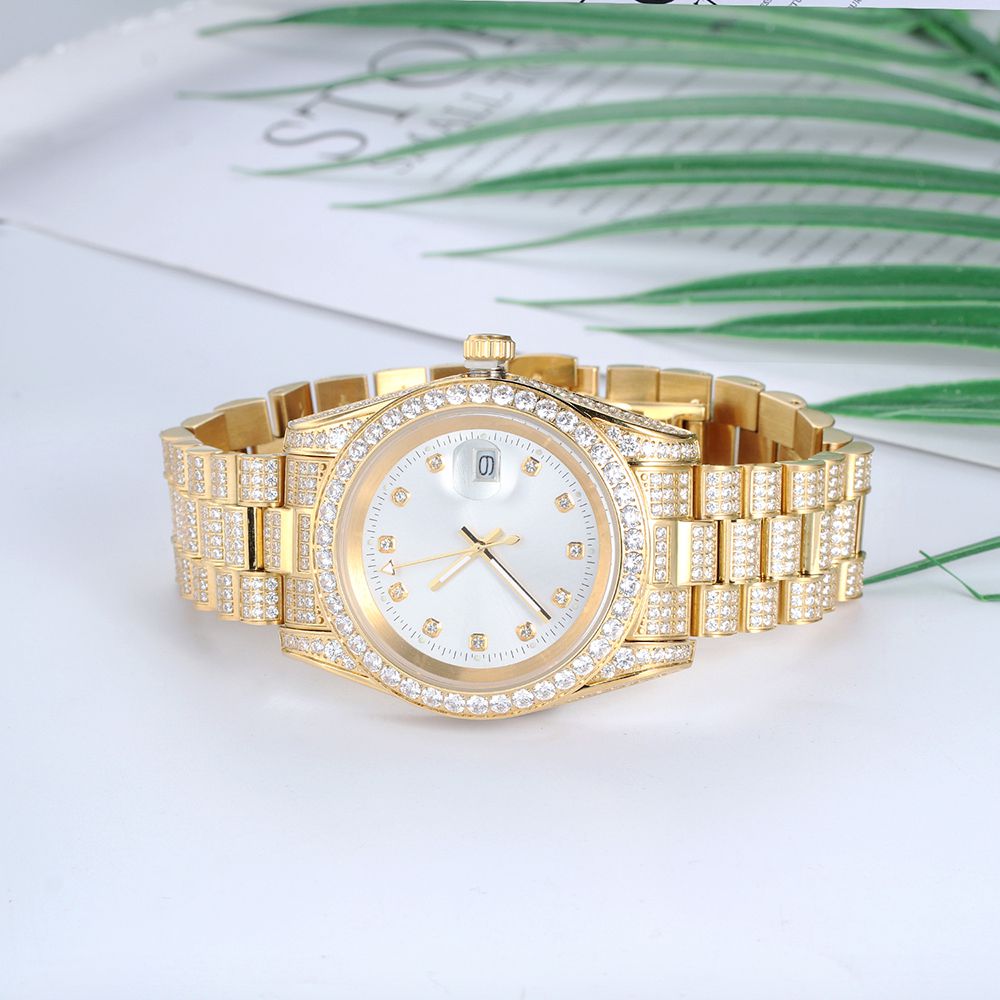 18K Gold Plated White Dial Stainless Steel Iced Out Watch
