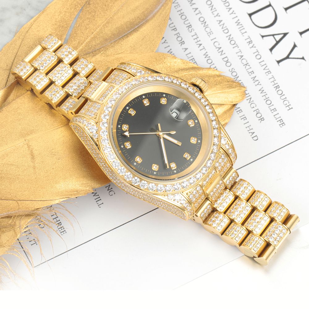 18K Gold Plated Black Dial Stainless Steel Iced Out Watch