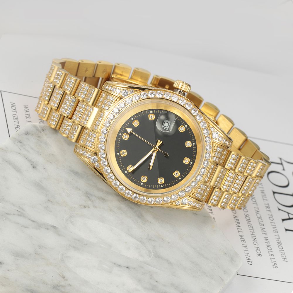 18K Gold Plated Black Dial Stainless Steel Iced Out Watch