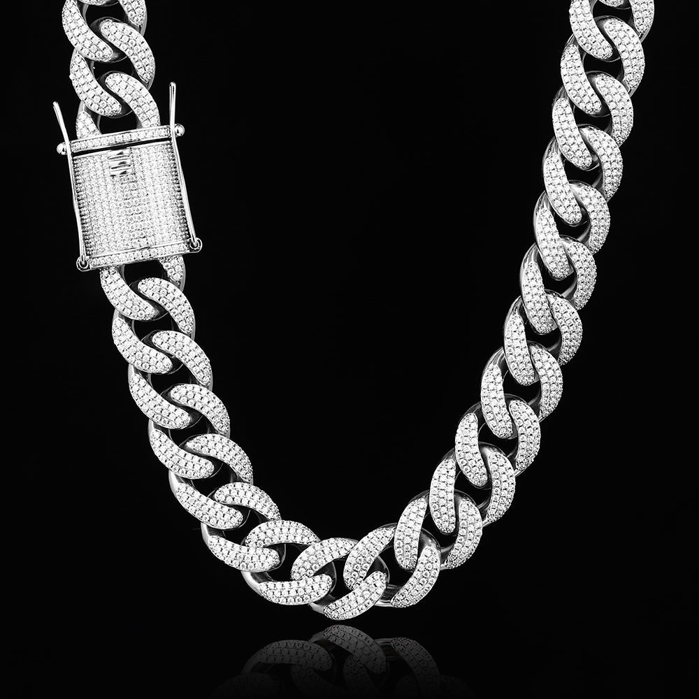15MM White Gold Plated Chunky Iced out Cuban Link Chain Necklace TRIPOD JEWELRY