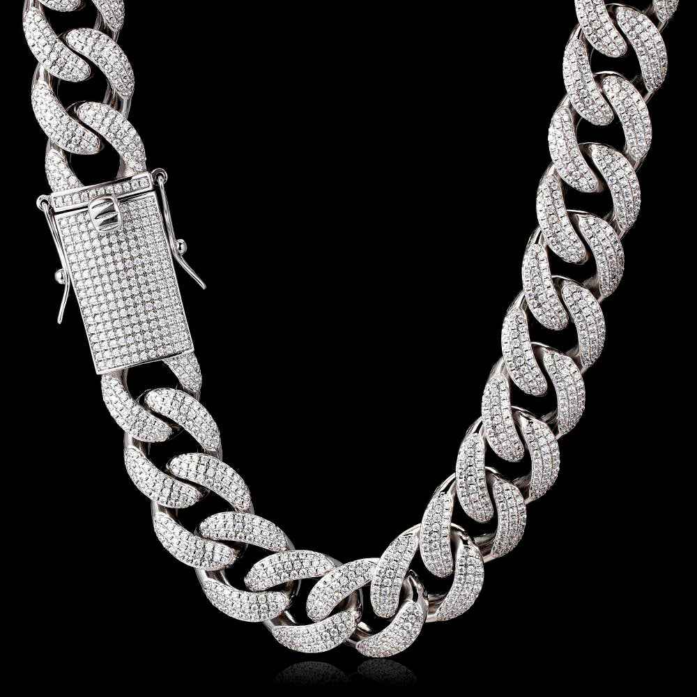 15MM White Gold Plated Chunky Iced out Cuban Link Chain Necklace
