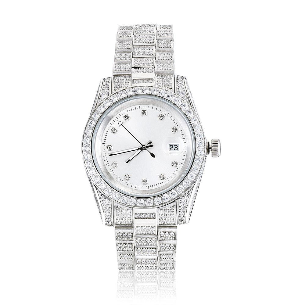 White Gold Plated White Dial Stainless Steel Diamond Watch