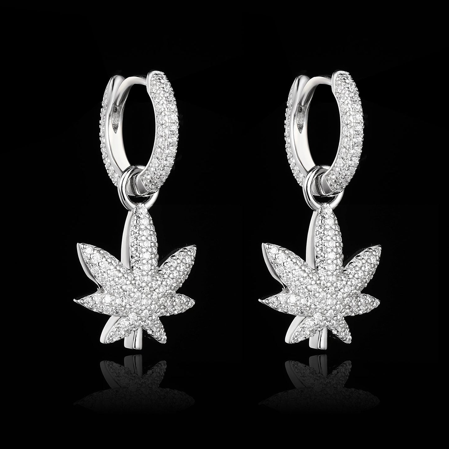 White Gold Iced Out Leaf Earrings Tripodjewelry