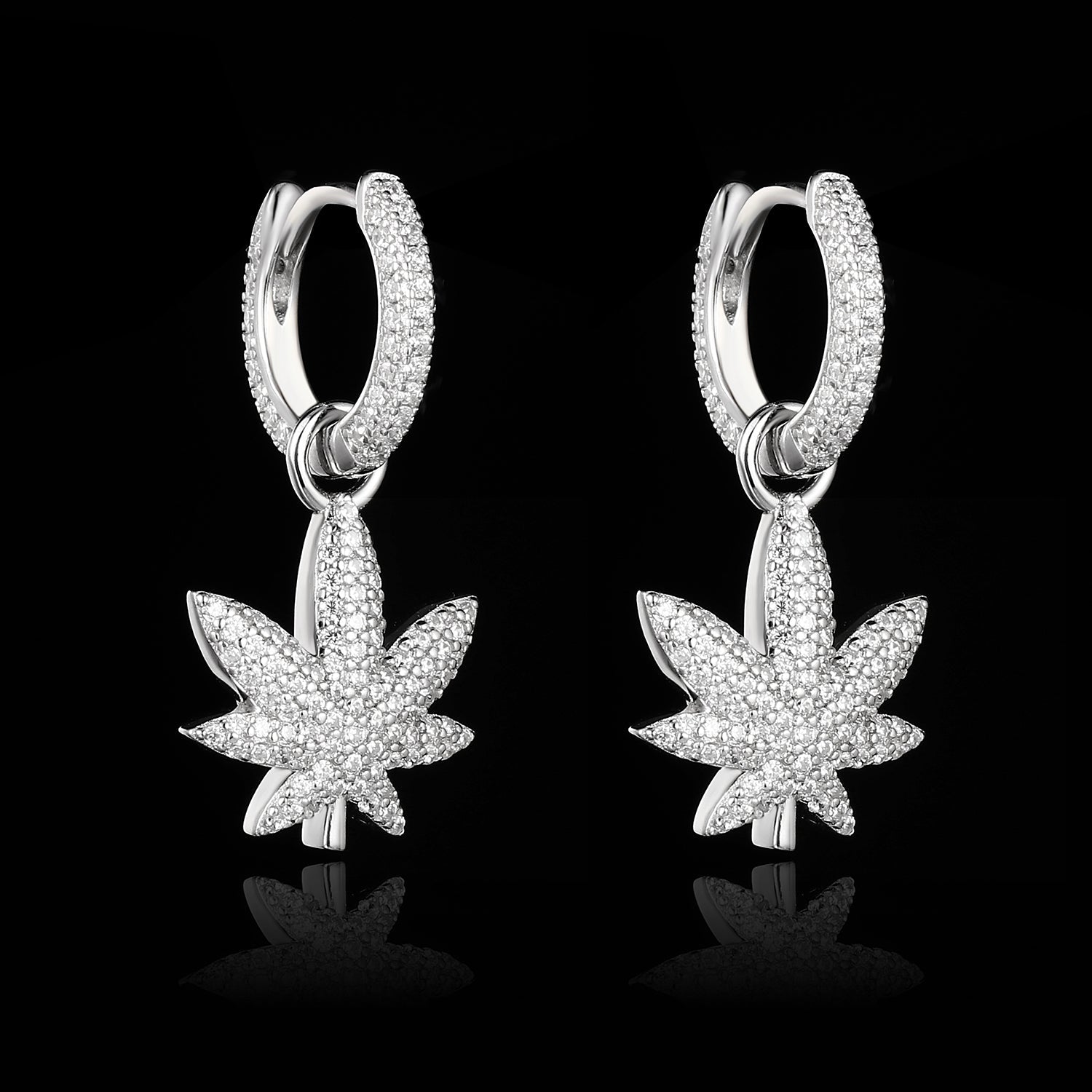 White Gold Iced Out Leaf Earrings Tripodjewelry