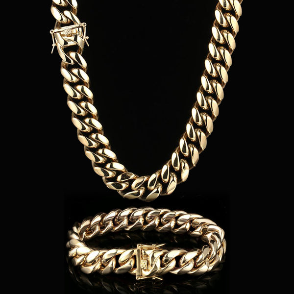 18MM 14K Gold Plated Miami Cuban Link Chain And Bracelet  Set