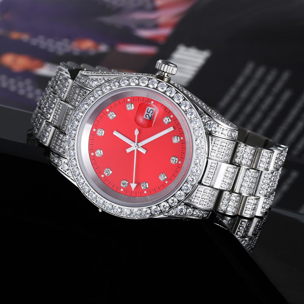 White Gold Plated Red Dial Stainless Steel Diamond Watch - Tripodjewelry