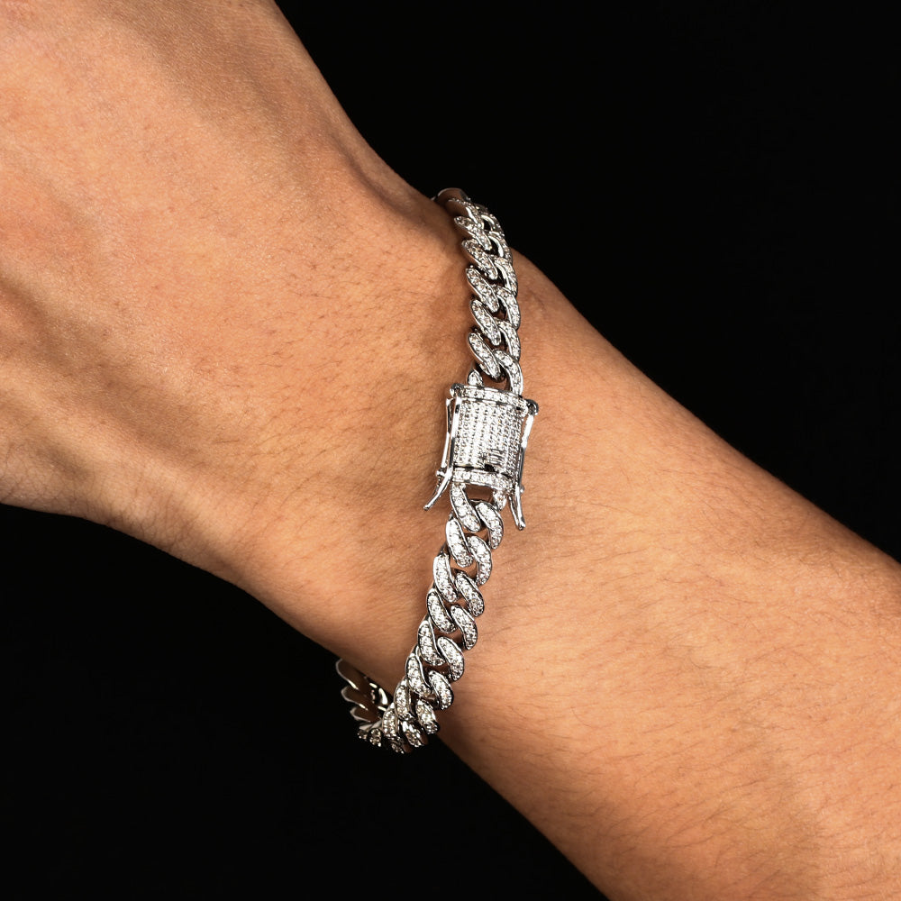 8MM White Gold Plated Iced Out Micro Cuban Link Bracelet